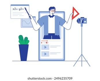 Male teacher explaining mathematics, making a video on camera to share on social media. Character design. Vector flat illustration