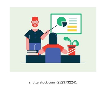 Male teacher explaining on whiteboard to female student, homeschooling lesson. Character design. Vector flat illustration