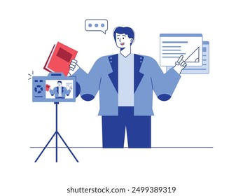 Male teacher explaining while being recorded on camera, educational content creator learning online. Character design. Vector flat illustration