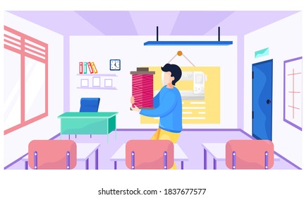 A male teacher explains new topic to seamstresses. Materials science lesson school. Image of sewing machine on the background. A man carries pink threads in his hands and shows it to students
