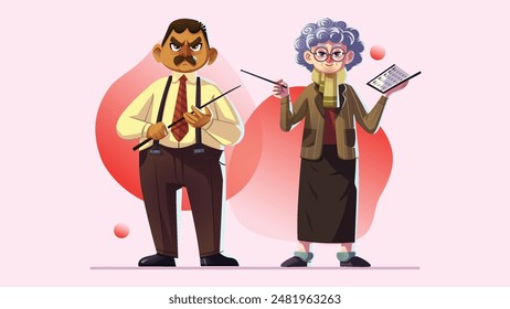 Male Teacher and Female Music Teacher Holding Pointers - Vector illustration design