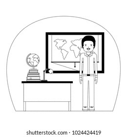 male teacher in geography class with pile books
