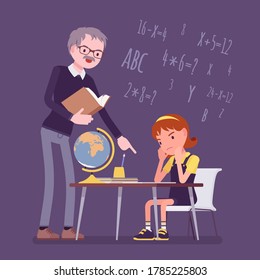 Male Teacher And Girl Student. Unhappy Child Studying Under Strict Control, Bored Single Pupil Doing Homework With Tutor, School Practicing Learning At Home. Vector Flat Style Cartoon Illustration