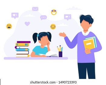 Male teacher and girl studying. Concept illustration for school, education. Vector illustration in flat style