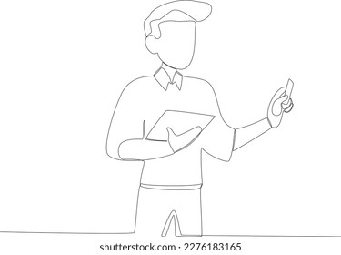 A male teacher giving exam questions to students. Teacher's day one line drawing