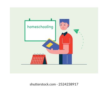 Male teacher with glasses is preparing before the lesson, homeschooling activities. Character design. Vector flat illustration