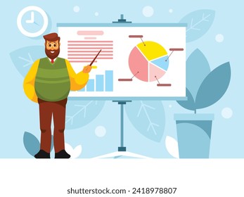 Un profesor de gafas se pone de pie con un puntero. Fondo con la tabla de planchar Presentación. Gráficos y gráficos para empresas. Gráficos vectoriales