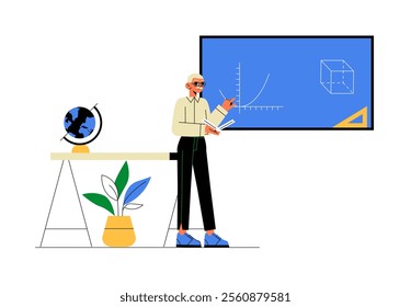 Male Teacher With Globe And Blackboard In Flat Vector Illustration Symbolizing Education, Knowledge Sharing, And Learning, Isolated On White Background