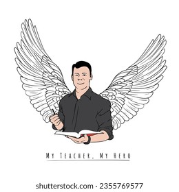 Male teacher with hand doodle art of wings design for world teacher day for world teacher's day