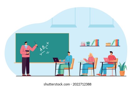 Male teacher and happy students studying in classroom. College lesson flat vector illustration. Young tutor explaining to boys and girls new topic in mathematics. Teamwork, study, class concept