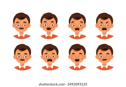 Male teacher heads set. Educational worker with different emotions. Pack of characters with various feelings. Design elements for creating animations. Cute teacher. Flat vector collection