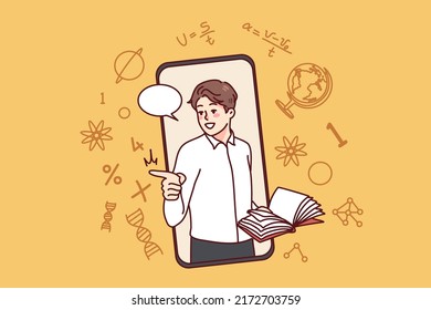 Male teacher holding book having online lesson on cellphone. Smiling confident man tutor teaching students using smartphone internet application. Remote education. Vector illustration. 