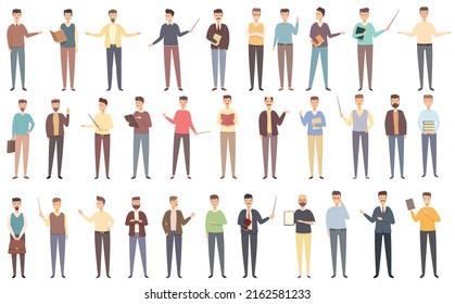 Male Teacher Icons Set Cartoon Vector. Man Lecture. Old Professor