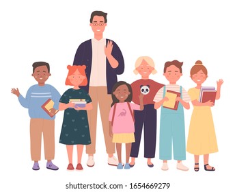 Male Teacher and kids vector illustration. Pedagogues and pupils, smiling adults and schoolchildren flat characters. Study group, class photo, man educator with children, learners and teaching staff