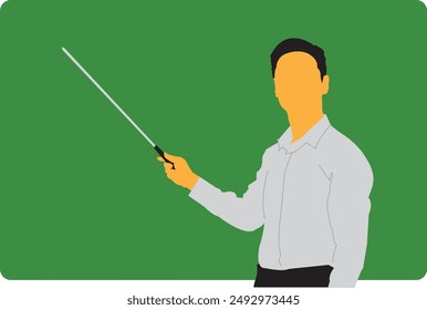 Male teacher in light grey suit and black pants holding a stick, pointing at lesson lines on a green board. Educator teaching in classroom, formal attire, instructional scene. Education, academic