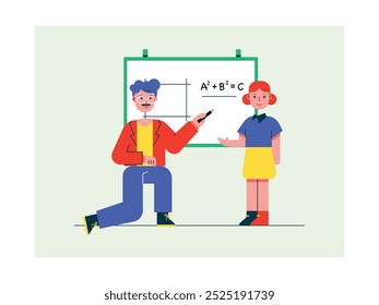 Male teacher with little female student doing math task on whiteboard, homeschooling learning. Character design. Vector flat illustration