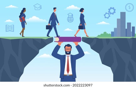 Male teacher is making a raft out of a book for people to achieve business goals. Teacher bridging the gap in education for a group of people to go to the other side. Flat cartoon vector illustration