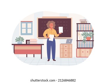 Male teacher of native language explaining lesson analyzing paper examination test standing near chalkboard. Man tutor talking at seminar communication to auditorium dictionary learning flat vector