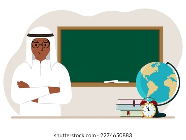 Male teacher near the blackboard. The concept of education, teaching, teacher's day. Vector flat illustration