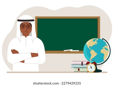 Male teacher near the blackboard. The concept of education, teaching, teacher's day. Vector flat illustration