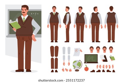 Male teacher near school board. Character constructor for animation. Front, side and back view set. Body parts, postures, poses collection. Vector illustration.