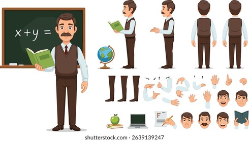 Male teacher near school board. Character constructor for animation. Front, side and back view set. Body parts, postures, poses collection.