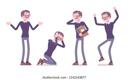 Male teacher negative emotions. School, universirty or college worker, at lesson for students. Professional education and learning. Vector flat style cartoon illustration isolated on white background