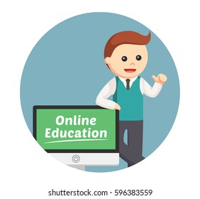 male teacher online education in circle background