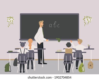 Male teacher of Philology explaining english letters to elementary school pupils or children near chalkboard. Man teaching language or writing to kids sitting at desks in class.Vector illustration