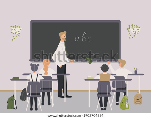 Male teacher of Philology explaining english\
letters to elementary school pupils or children near chalkboard.\
Man teaching language or writing to kids sitting at desks in\
class.Vector illustration