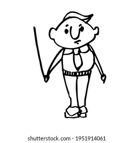 Un maestro con un puntero. Doodle. Carácter lindo dibujado a mano. Ilustración del vector