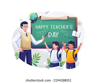 A male teacher is pointing at the chalkboard that says happy teachers day with her two students. Vector illustration in flat style