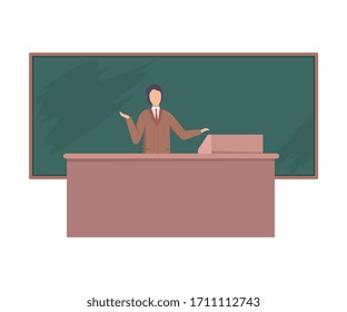 Male Teacher Professor Giving Task, Explaining Seminar, Lecture while Standing in Front of Chalkboard Flat Vector Illustration