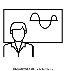 Male teacher or professor standing by blackboard or chalkboard, teaching and presenting about algebra, statistics  icon vector design symbol illustration.