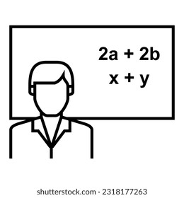 Male teacher or professor standing by blackboard or chalkboard, teaching and presenting about math  icon vector design symbol illustration.