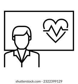 Male teacher or professor standing by blackboard or chalkboard, teaching and presenting about health, heart icon vector design symbol illustration