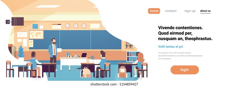 Male teacher pupils rear view classroom interior lesson teaching school class successful study concept horizontal banner copy space flat vector illustration