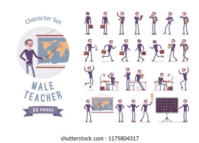 Male teacher ready-to-use character set. School, universirty or college worker, at lesson for students. Professional education and learning concept. Full length, different views, gestures, emotions