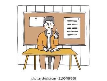 A male teacher at a school teaching in front of a blackboard, a warm hand-painted person, a vector on a white background