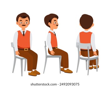 Male teacher set. Educational worker sits at chair. Pack of characters in different viewing angles. Design elements for creating animations. Flat vector collection isolated on white background