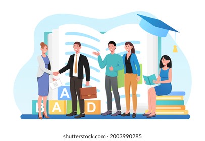 Male teacher is shaking hands surrounded with smiling colleagues. Profesor standing in front of school or college workers. Concept of education and knowledge. Flat cartoon vector illustration