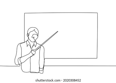 male teacher in shirt points with a pointer to the blackboard behind his back, man looks at the viewer - one line drawing. offline or online lesson concept. manager shows a presentation 
