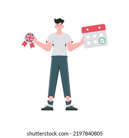 Male teacher shows that it's time to learn English. The concept of learning English. Isolated. Trendy flat style. Vector illustration.