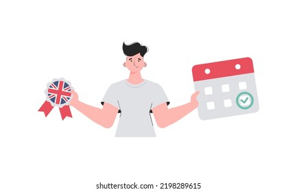 Male teacher shows that it's time to learn English. The concept of teaching English. Isolated. Flat modern style. Vector illustration.