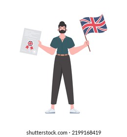 Male teacher shows that it's time to learn English. The concept of teaching English. Isolated. Trendy flat style. Vector.