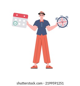 Male teacher shows that it's time to learn English. The concept of teaching English. Isolated. Trendy cartoon style. Vector illustration.