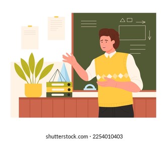 Male teacher standing at blackboard to explain science presentation vector illustration. Cartoon professor teaching on school lesson or lecture in university or college, student learning process