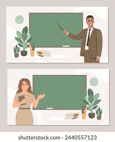 Male teacher standing by blackboard in the classroom. Female teacher in classroom. Set of cards for education and training. Vector illustration