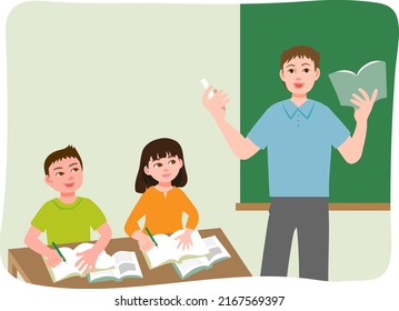 Male teacher standing  front of the blackboard and students  in elementary school  