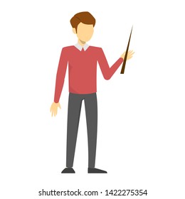 Male teacher standing with pointer isolated. Education and knowledge, teaching occupation. Person showing presentation and explaining. Man in red sweater.